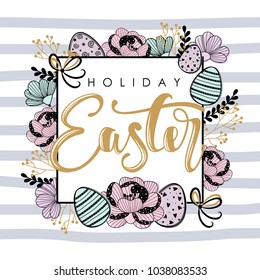 Happy Easter greeting card with calligraphic hand written phrase, holiday poster. Typography design. Vector illustration.