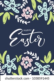 Happy Easter greeting card with calligraphic hand written phrase, holiday poster.