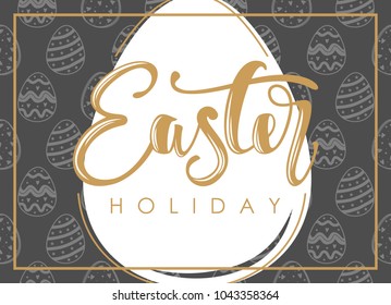 Happy Easter greeting card. Calligraphic handwritten phrases and hand-drawn eggs and twigs.