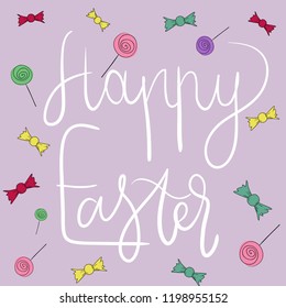 Happy Easter greeting card with calligraphic hand written phrase, holiday poster. Vector illustration ,ad, promotion, poster, flyer, web-banner, article. Hand drawn background.