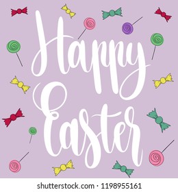 Happy Easter greeting card with calligraphic hand written phrase, holiday poster. Vector illustration ,ad, promotion, poster, flyer, web-banner, article. Hand drawn background.