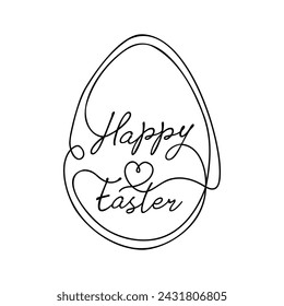 Tarjeta de felicitación de Pascua feliz con letras de arte de línea de caligrafía en marco de forma de huevo. Ilustración de vector 