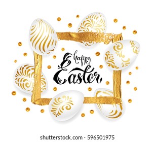 Happy easter! Greeting card. Calligraphy - Easter in a gold frame, set of white eggs with gold patterns and dots. Luxury isolated vector on white background