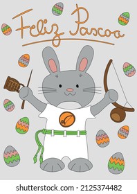 Happy easter greeting card for in capoeira style. Cute capoeirista bunny holding berimbau with eggs. Feliz Pascoa means Happy Easter in Portuguese language.