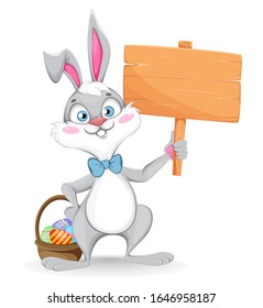 Frohe Ostern-Grußkarte. Cartoon Kaninchen mit weißem Holzschild und Korb voller bunter Eier. Stockillustration der Vektorillustration auf weißem Hintergrund