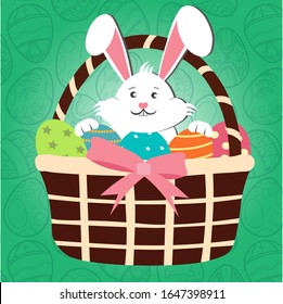 Happy Easter greeting card in cartoon style. Colorful easter eggs and rabbit in basket . Egg hunt concept.