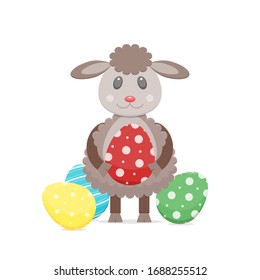 Happy Easter greeting card with cartoon cute little lamb with painted colourful eggs in hands. Vector illustration for design isolated on white background.