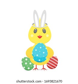 Happy Easter greeting card with cartoon cute little chick with bunny ears on head with painted colourful eggs in wings. Vector illustration for design isolated on white background.