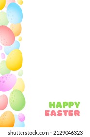 Happy Easter greeting card. Cartoon background of colorful eggs on white background. Vector 10 EPS.