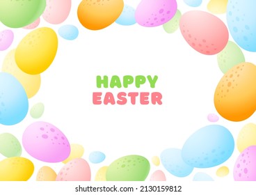 Happy Easter greeting card. Cartoon background of colorful eggs on white background. Vector 10 EPS.