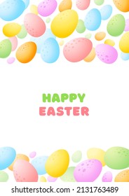 Happy Easter greeting card. Cartoon background of colorful eggs on white background. Vector 10 EPS.