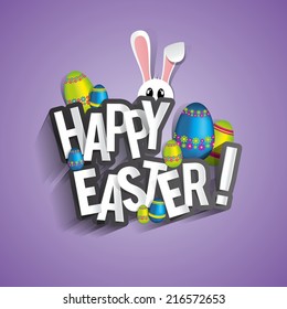 Happy Easter Greeting Card with Cartoon Rabbit And Eggs vector illustration 