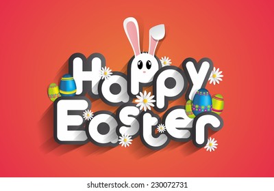 Happy Easter Greeting Card with Cartoon Rabbit And Eggs vector illustration