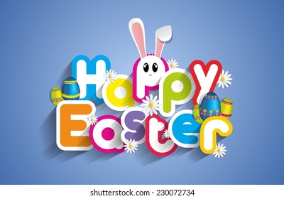 Happy Easter Greeting Card with Cartoon Rabbit And Eggs vector illustration