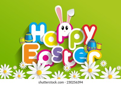 Happy Easter Greeting Card with Cartoon Rabbit vector illustration