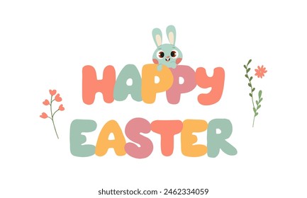Tarjeta de felicitación de Pascua feliz con el conejo de la historieta y la Ilustración vectorial de la flor aislada en blanco, estilo colorido de la historieta, Diseño gráfico plano para el logotipo, tarjetas, diverso diseño utiliza la etiqueta engomada