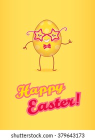 Happy easter greeting card. Cartoon easter egg with face in funny glasses and bow tie.  