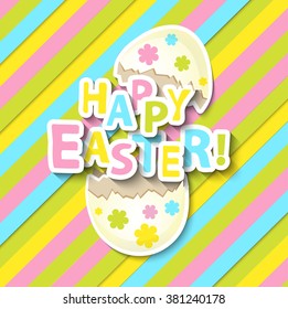 Happy Easter Greeting Card with Cartoon Eggs on the colorful background, vector illustration.