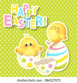 Happy Easter Greeting Card with Cartoon Eggs and chickens on the colorful background, vector illustration.