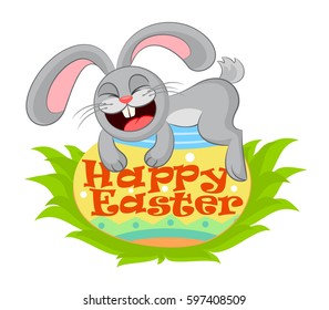 Happy Easter Greeting Card with Cartoon Rabbit And Eggs vector illustration