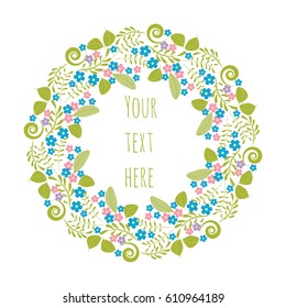 Happy Easter greeting card with cartoon Forget me not flowers. Vector drawing, rose flower buds, twigs, sprigs and leaves isolated in white. Place for text, copyspace