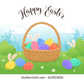 Happy Easter greeting card in cartoon style. Colorful easter eggs in basket on grass with bunny ears hidden in the bushes. Egg hunt concept.