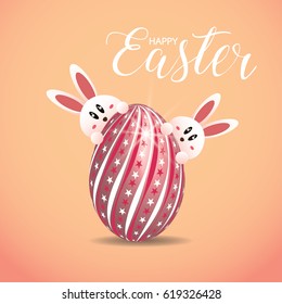 Happy Easter Greeting Card with Cartoon Rabbit And Eggs vector illustration