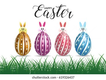 Happy Easter Greeting Card with Cartoon Rabbit And Eggs vector illustration