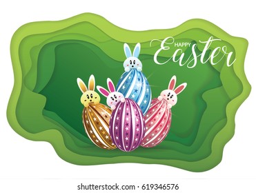 Happy Easter Greeting Card with Cartoon Rabbit And Eggs vector illustration