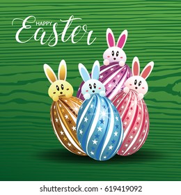 Happy Easter Greeting Card with Cartoon Rabbit And Eggs vector illustration