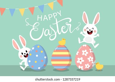 Happy Easter greeting card with chick, bunny and eggs. Animal wildlife holidays cartoon character. Little chicken and rabbit in spring season. Vector