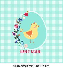 Feliz tarjeta de felicitación de Pascua. Pollo de Pascua dentro de huevo florido