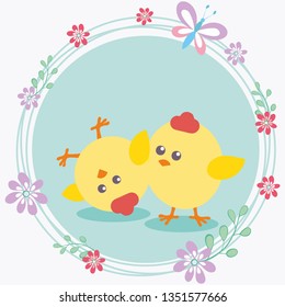 Happy Easter greeting card with chicken and flowers. Vector illustration