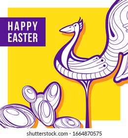 Happy Easter greeting card. Easter chicken with eggs on shiny yellow background. Holiday vector illustration.