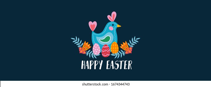 Happy easter greeting card with chicken and eggs vector illustration. Banner with bright colourful symbol of spring holiday and flowers flat style. Isolated on dark