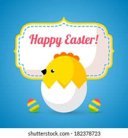 Happy Easter greeting card with Chicken hatching out and frame. Vector illustration. 