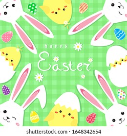 Happy Easter greeting card with chickens, bunnies and eggs. Vector illustration background.