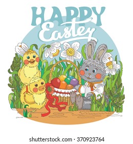 Happy Easter greeting card with a chickens and bunny. Vector illustration