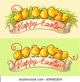 Happy Easter greeting card. Easter chicks sitting on ribbon banner with Happy Easter text.