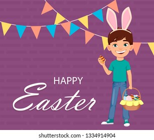 Happy Easter greeting card with child. Cute boy wearing bunny ears. Funny cartoon character holding basket full of eggs. Vector illustration
