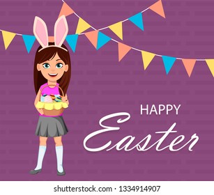 Happy Easter greeting card with child. Cute girl wearing bunny ears. Funny cartoon character holding basket full of eggs. Vector illustration