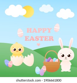 Happy easter greeting card in childish style with cute animal characters - easter bunny and chick,egg hunt, basket with eggs, colourful card for kids in cartoon style, spring holiday