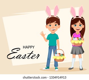 Happy Easter greeting card with children. Funny cartoon characters wearing bunny ears. Cute girl holding basket of eggs and cheerful boy waving hand. Vector illustration