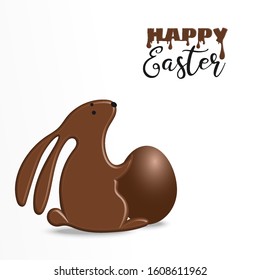 Happy Easter greeting card with chocolate bunny and choco egg. Rabbit candy and holiday type font - happy Easter on white background. Vector illustration