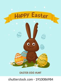 Happy Easter greeting card with chocolate bunny and eggs. Hand drawn cartoon illustration. Cute stylish characters.