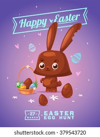 Happy Easter greeting card with chocolate bunny and eggs. Vector cartoon illustration. Cute stylish characters. Vector stock illustration.