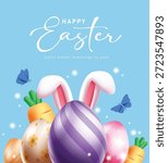 Happy Easter greeting card clipart poster design. Happy Easter greeting and joyful wishes clip art with colorful Easter egg, bunny ears and carrot decoration elements for seasonal celebration banner template vector illustration.
