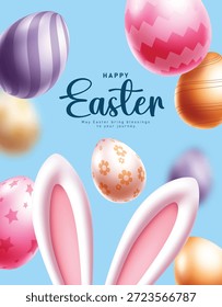 Happy Easter greeting card clipart poster design. Happy Easter greeting and wishes text with colorful printed and pattern Easter egg and bunny ears decoration elements clip art in blue background for seasonal banner template vector illustration.

