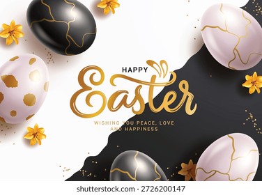Frohe Ostern Grußkarte Clipart Design. Frohe Ostern Gruß goldenen Text mit schwarz-weißen Eiern Dekoration Clip Art Elemente für Osterfeier Banner Vorlage Vektorgrafik.
