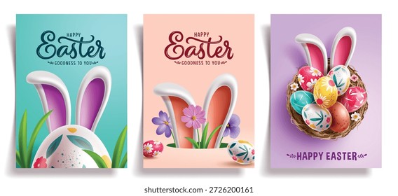 Feliz Páscoa cartão clipart pôster set. Orelhas de coelho e ovos coloridos clip art em pássaros ninho bonito decoração para modelo de cartão de saudação de Páscoa, folhetos e coleção de banner ilustração vetor.
